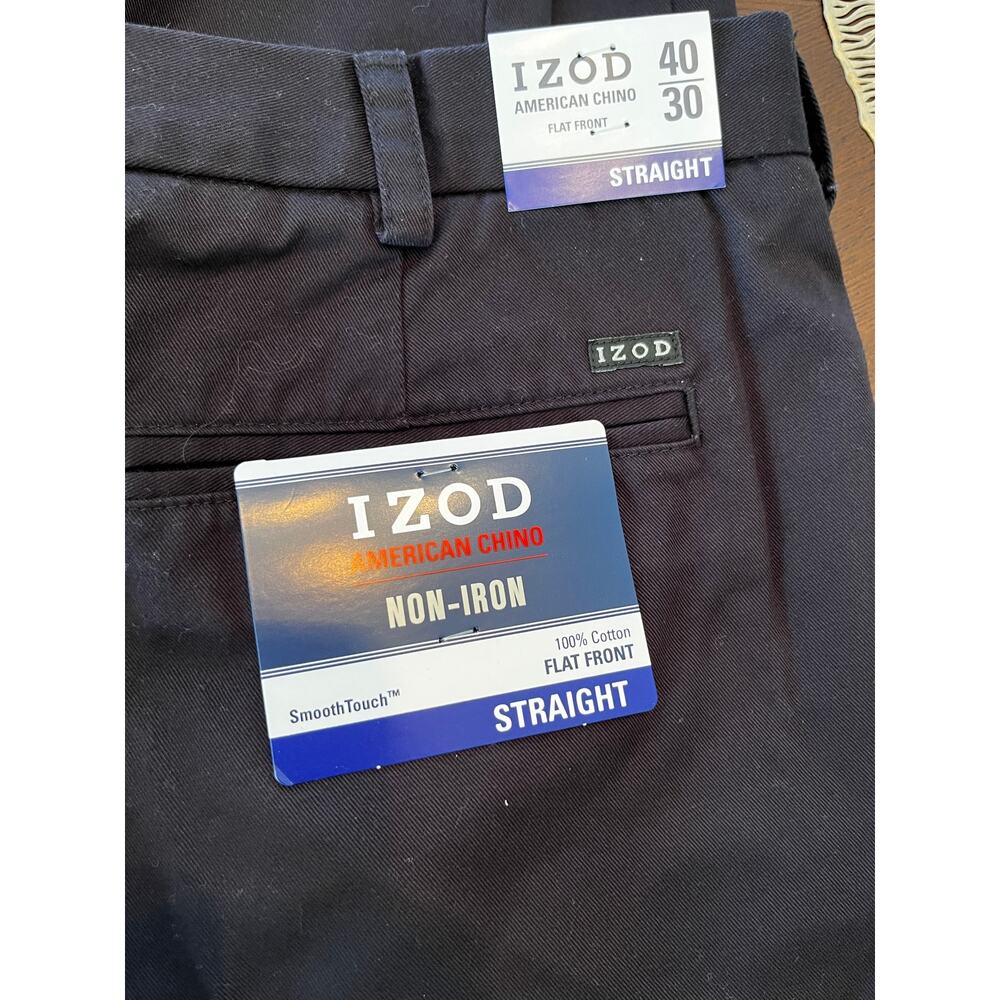 IZOD American Chino Pants Mens 40x30‎ Black Flat Front Smooth Touch Non-Iron NWT
